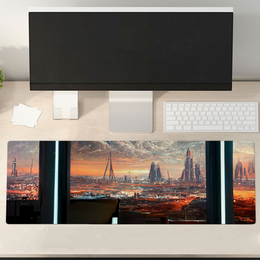Space Station City Art Desk Mat – Graphic Desk Pad – Futuristic Laptop Desk Mat