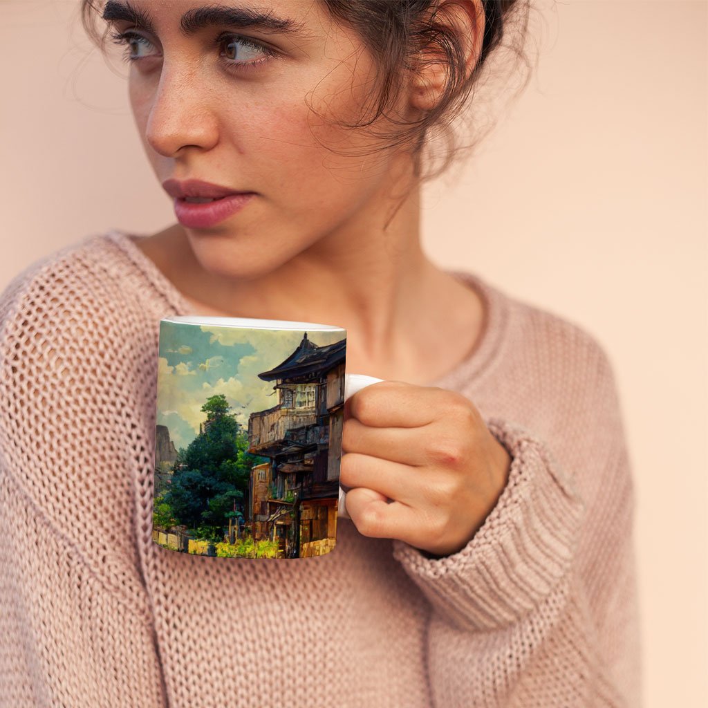 Anime City Digital Art Mug with Heart Handle – Cartoon Mug – Printed Ceramic Mug
