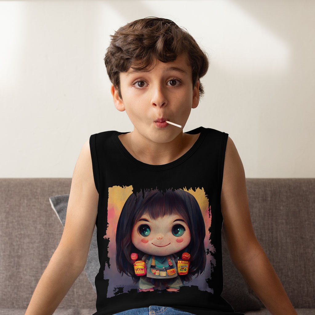 Anime Girl Cute Kids’ Jersey Tank – Anime Print Sleeveless T-Shirt