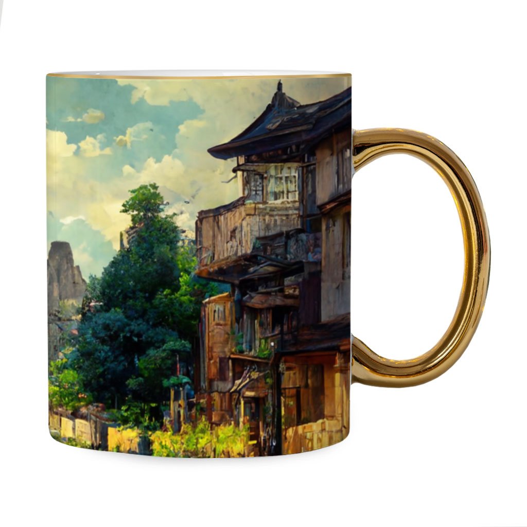 Anime City Digital Art Mug – Cartoon Gold Rim and Handle Mug – Printed Mug