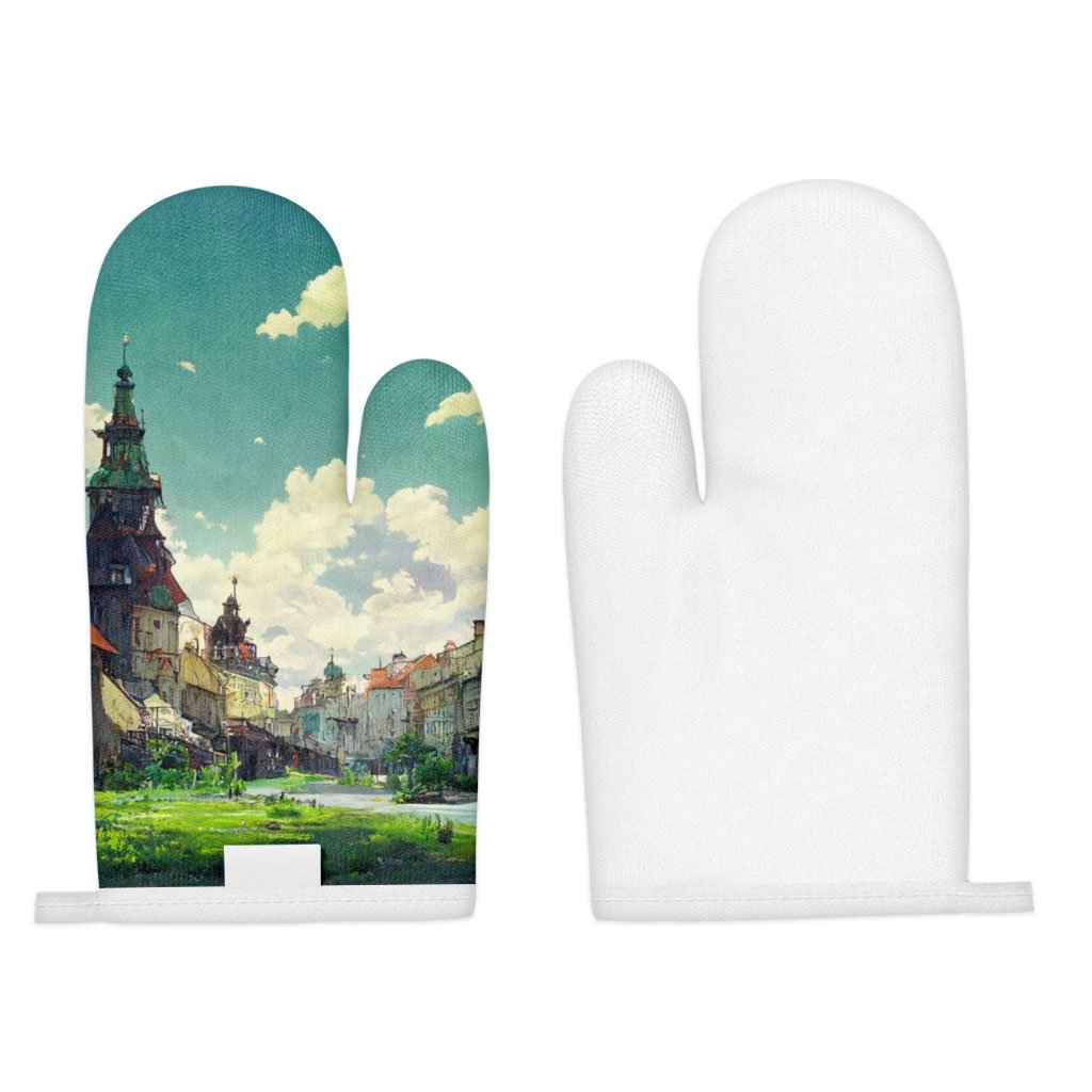 City Landscape Cartoon Art Oven Mitt – Cartoon Oven Glove – Anime Cooking Gloves