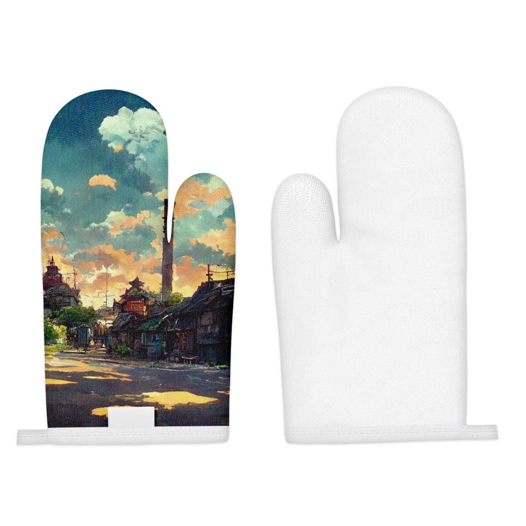 Cartoon City Concept Art Oven Mitt – Anime Oven Glove – Graphic Cooking Gloves