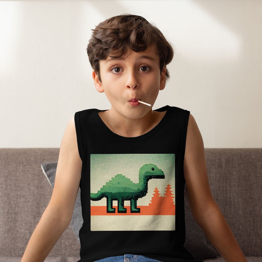Dino Kids’ Jersey Tank – Pixel Sleeveless T-Shirt – Graphic Kids’ Tank Top