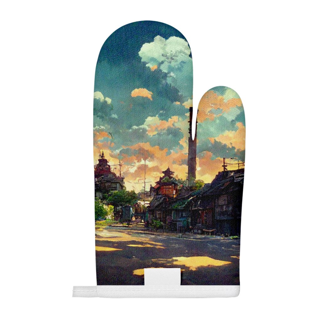 Cartoon City Concept Art Oven Mitt – Anime Oven Glove – Graphic Cooking Gloves