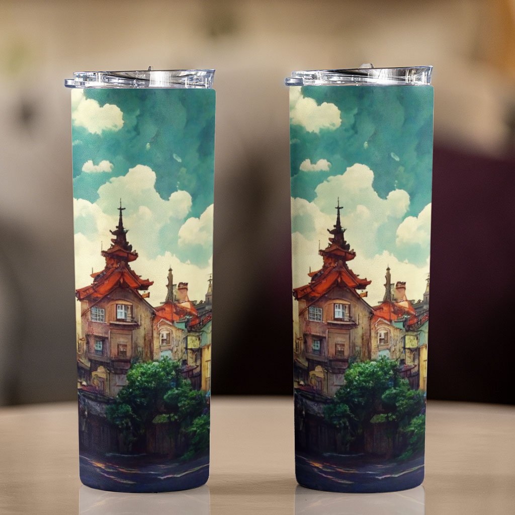 Anime City Art 20oz Skinny Tumbler – Nature Travel Mug | Giant Scarecrow Art Mug