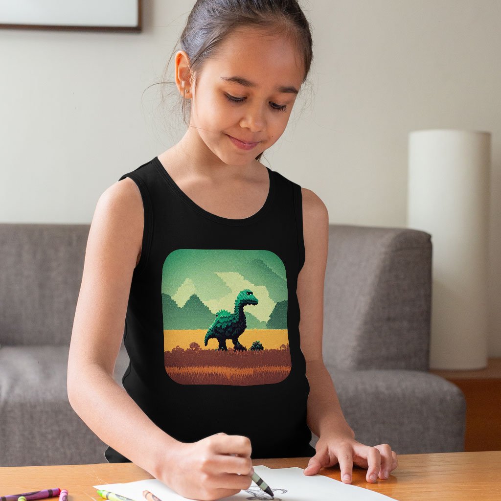 Cute Dino Kids’ Jersey Tank – Pixel Sleeveless T-Shirt – Printed Kids’ Tank Top