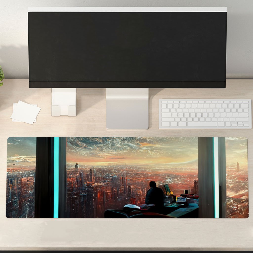 Futuristic City Art Desk Mat – Space City Desk Pad – Cityscape Laptop Desk Mat
