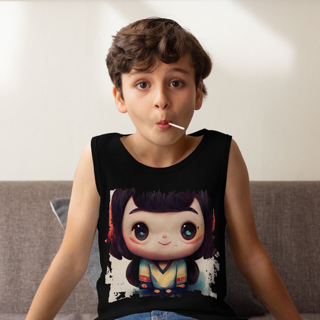 Anime Girl Smiling Kids’ Jersey Tank – Anime Print Sleeveless T-Shirt