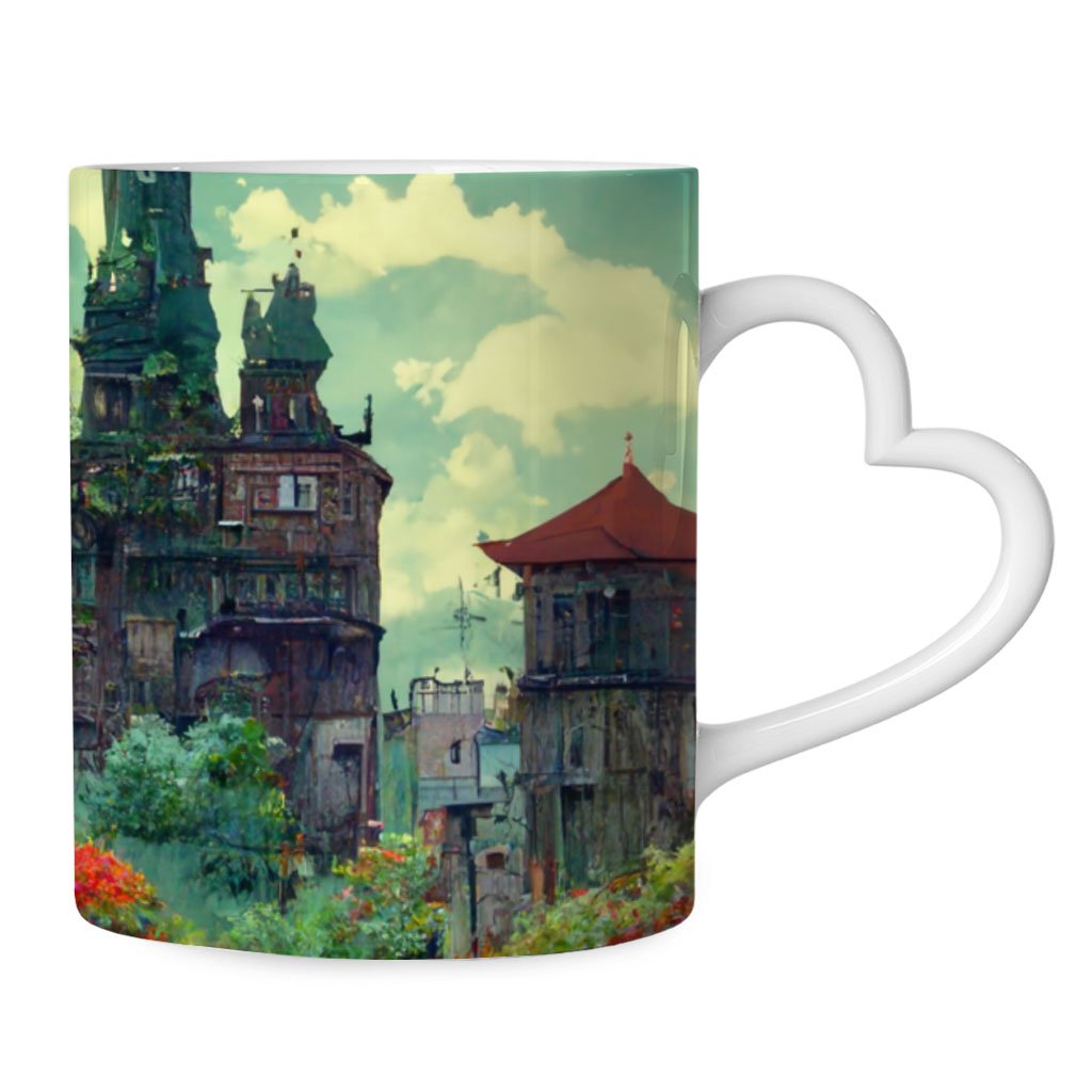 Cartoon City Art Mug with Heart Handle – Anime Mug – Landscape Ceramic Mug
