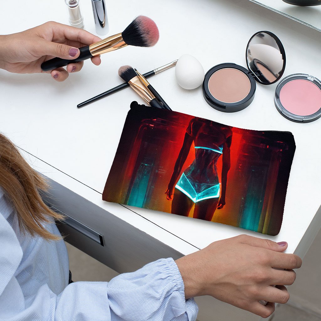 Fashion Model Woman In Neon Light Makeup Bag – Futuristic Cosmetic Bag