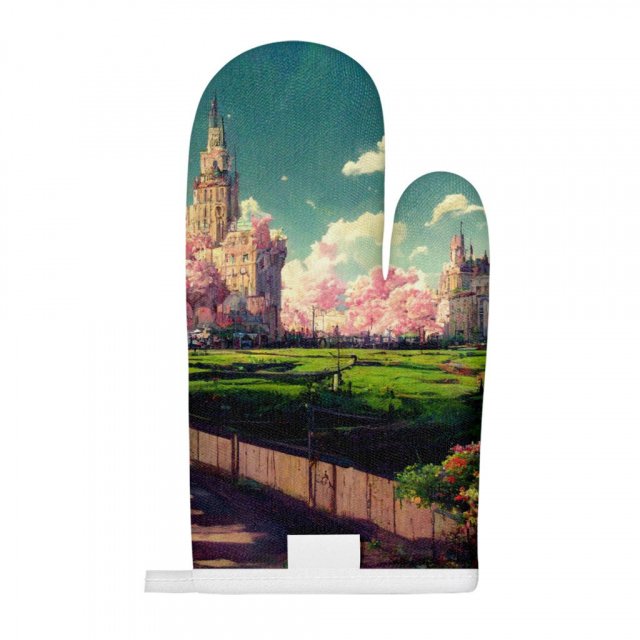 Anime City Scenery Art Oven Mitt – Nature Oven Glove – Landscape Cooking Gloves