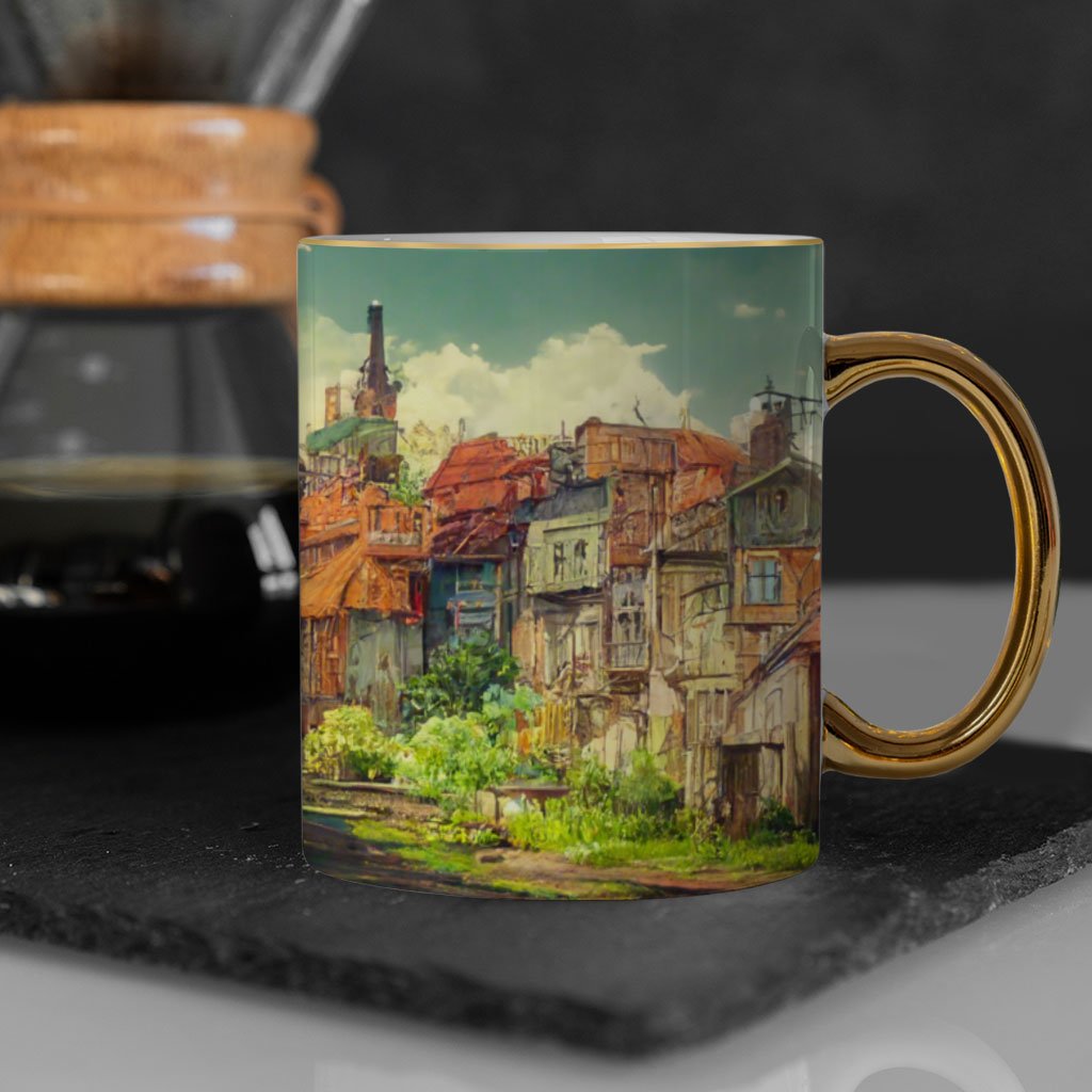 City Pop Anime Print Mug – Art Gold Rim and Handle Mug | Cute Girl Mug