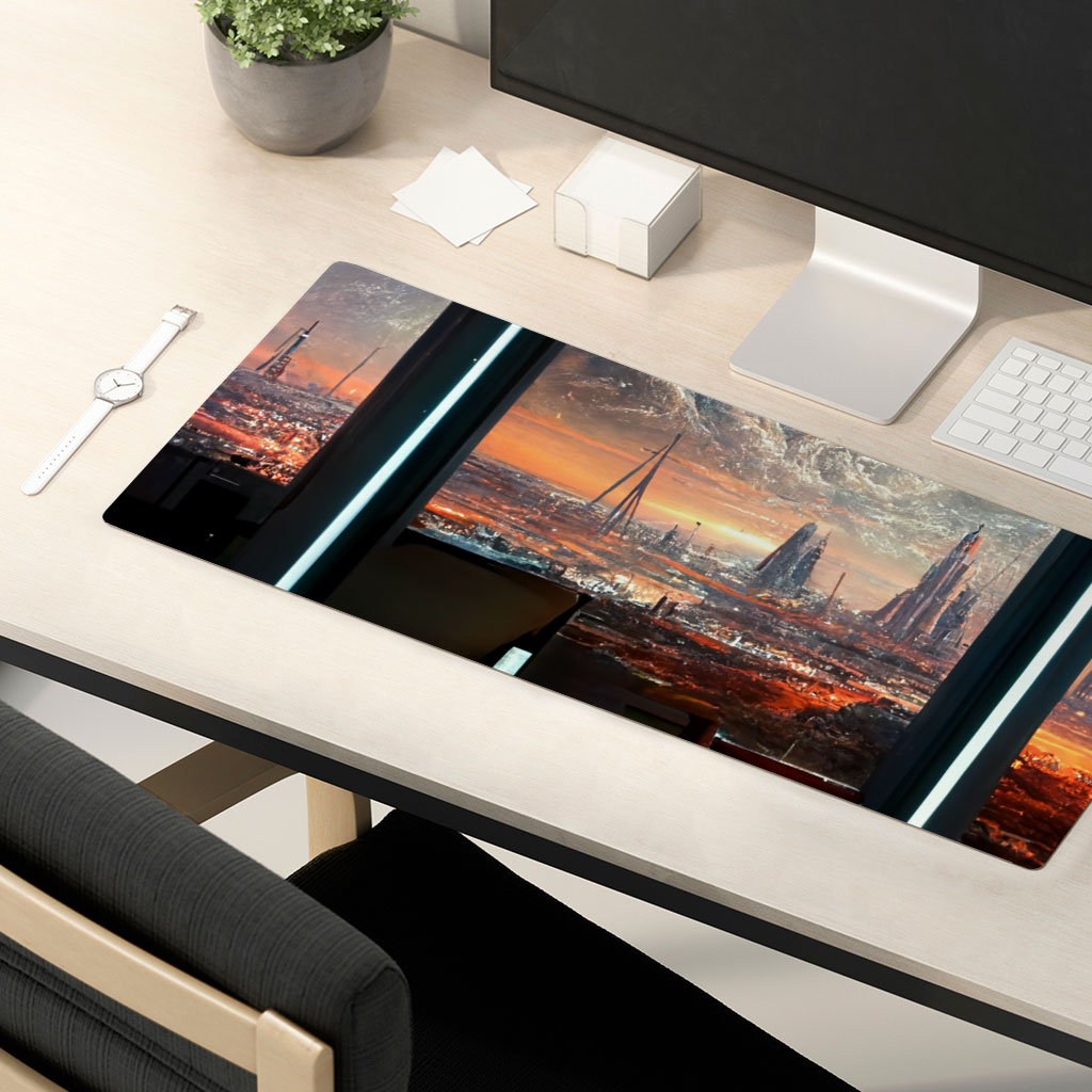 Space Station City Art Desk Mat – Graphic Desk Pad – Futuristic Laptop Desk Mat