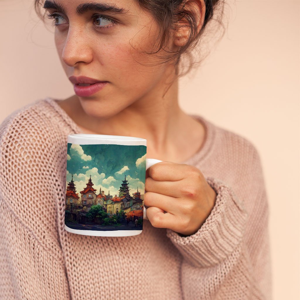 Anime City Art Mug with Heart Handle – Nature Mug – Cartoon Ceramic Mug