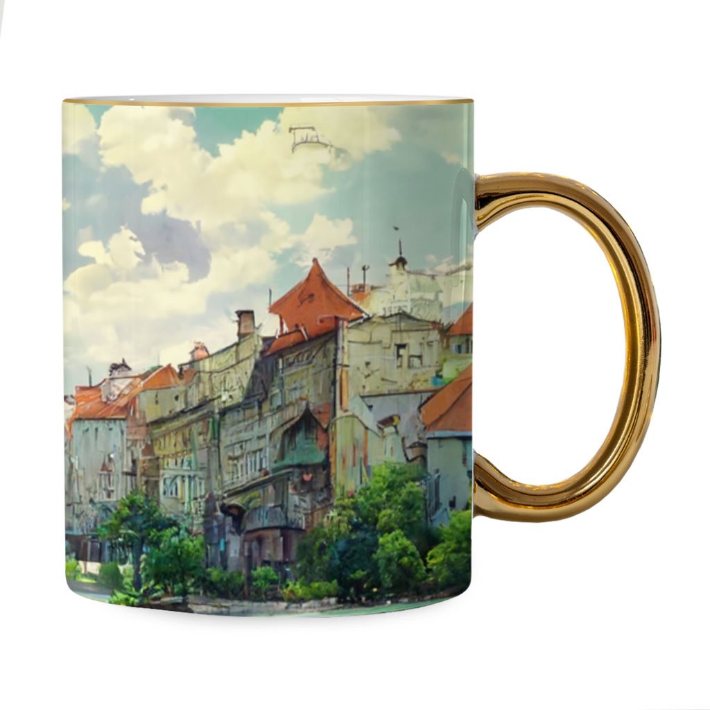 City Landscape Cartoon Art Mug – Cartoon Gold Rim and Handle Mug – Anime Mug