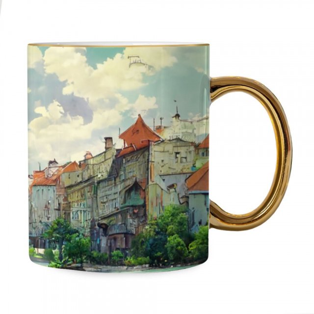 City Landscape Cartoon Art Mug – Cartoon Gold Rim and Handle Mug – Anime Mug