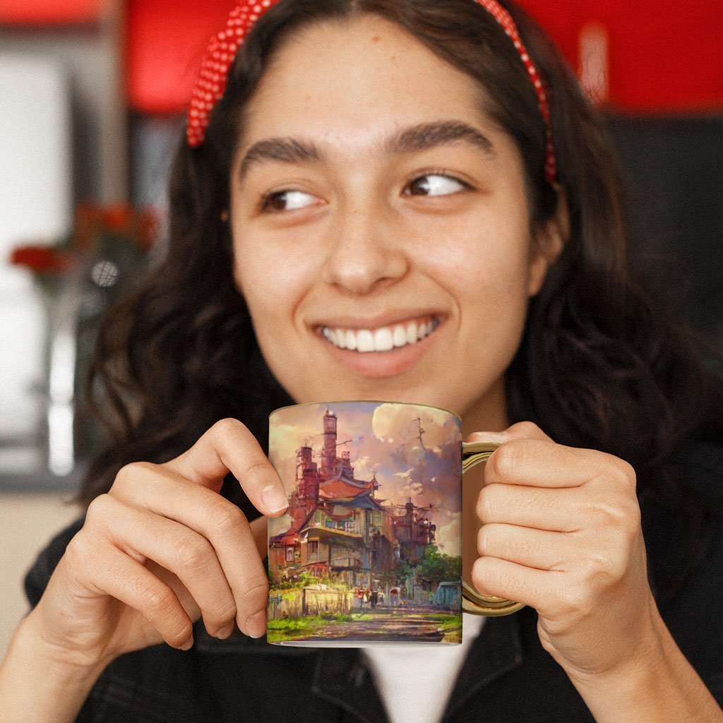 Anime City Skyline Art Mug – Painting Gold Rim and Handle Mug – Graphic Mug