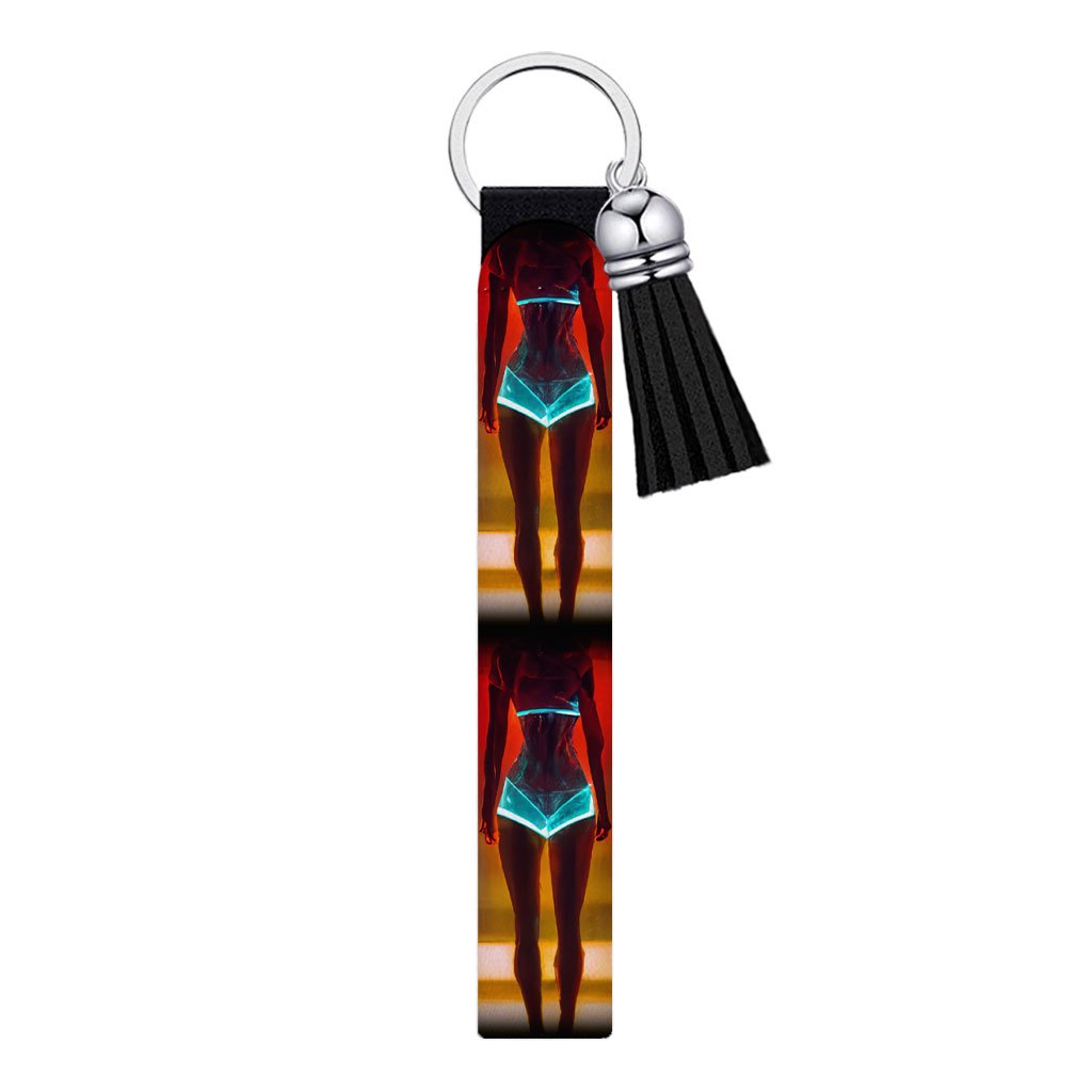Fashion Model Woman In Neon Light Keychain Wristlet | Robot Skull Drawing Socks