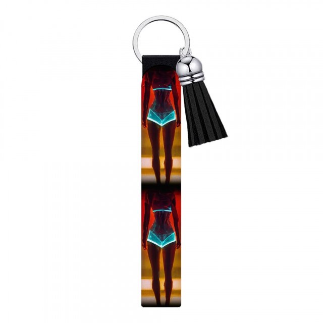 Fashion Model Woman In Neon Light Keychain Wristlet | Robot Skull Drawing Socks