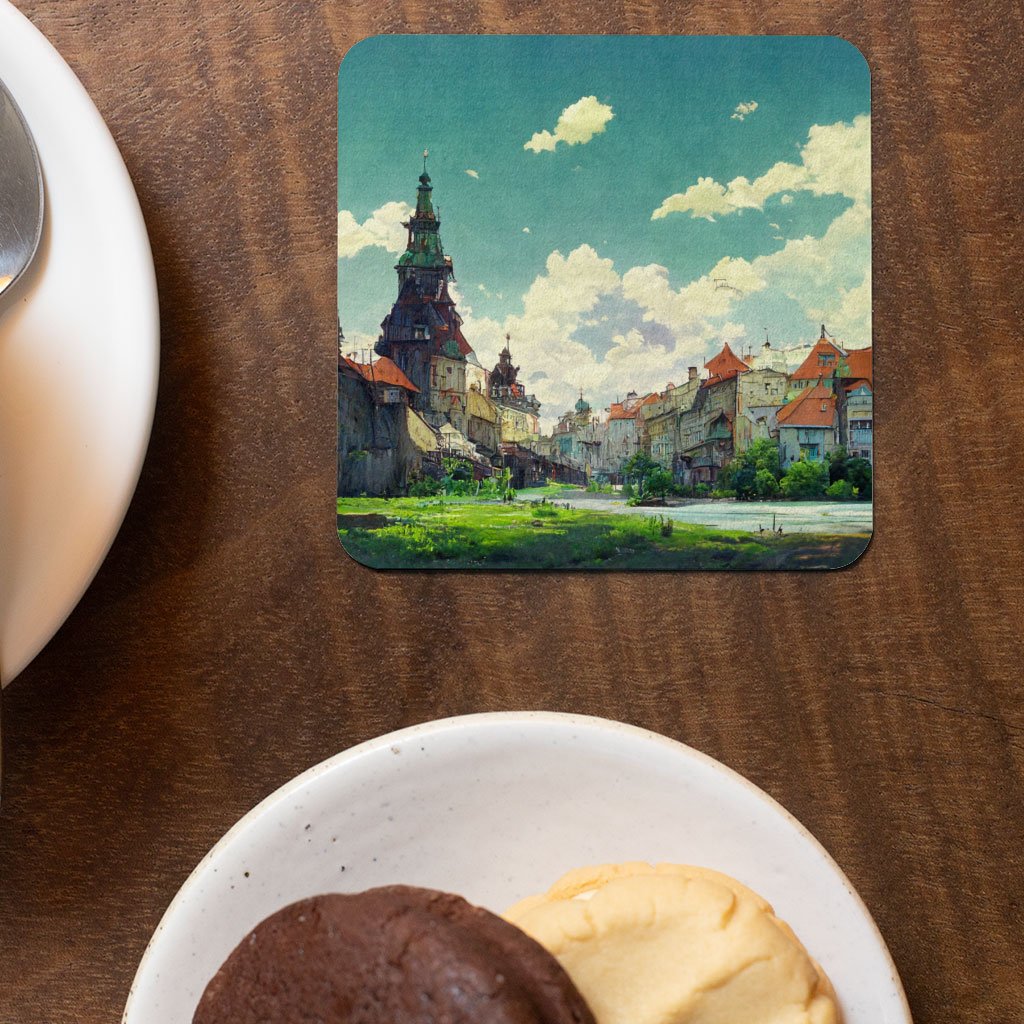 City Landscape Cartoon Art Square Coasters – Anime Coasters for Drinks
