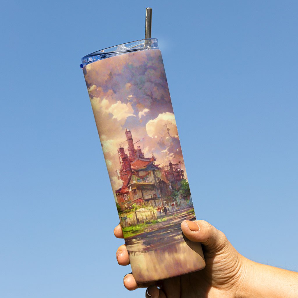 Anime City Skyline Art 20oz Skinny Tumbler – Painting Travel Mug | Nigerian Mug