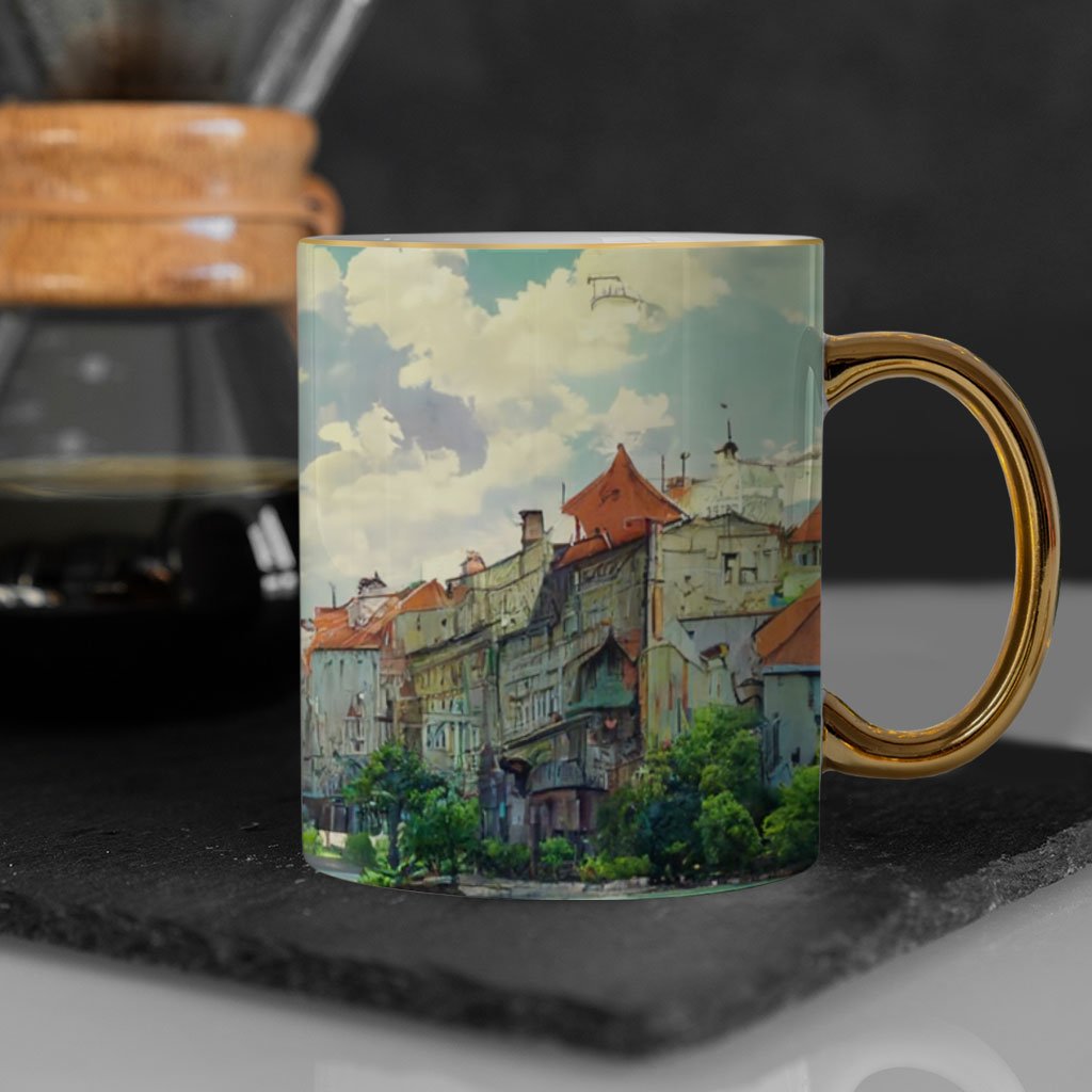 City Landscape Cartoon Art Mug – Cartoon Gold Rim and Handle Mug – Anime Mug