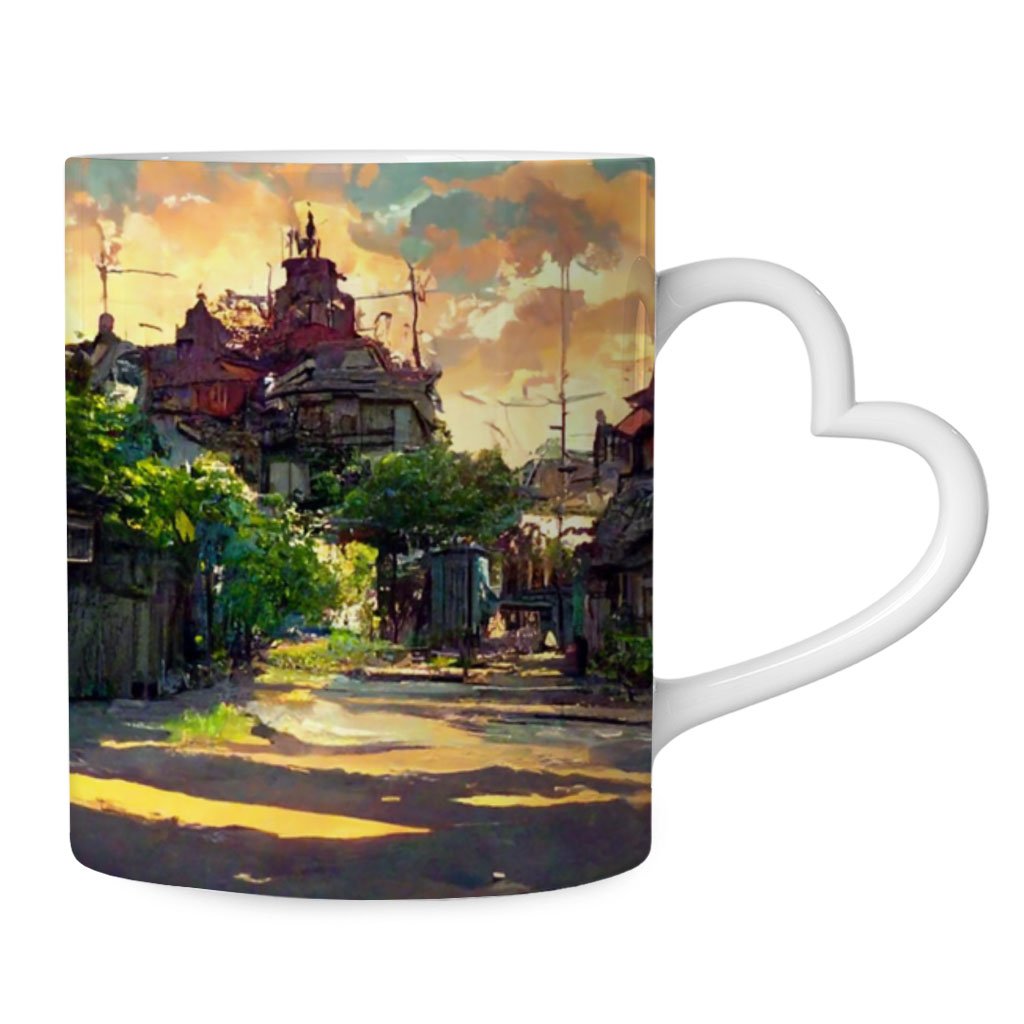Cartoon City Concept Art Mug with Heart Handle – Anime Mug – Graphic Ceramic Mug