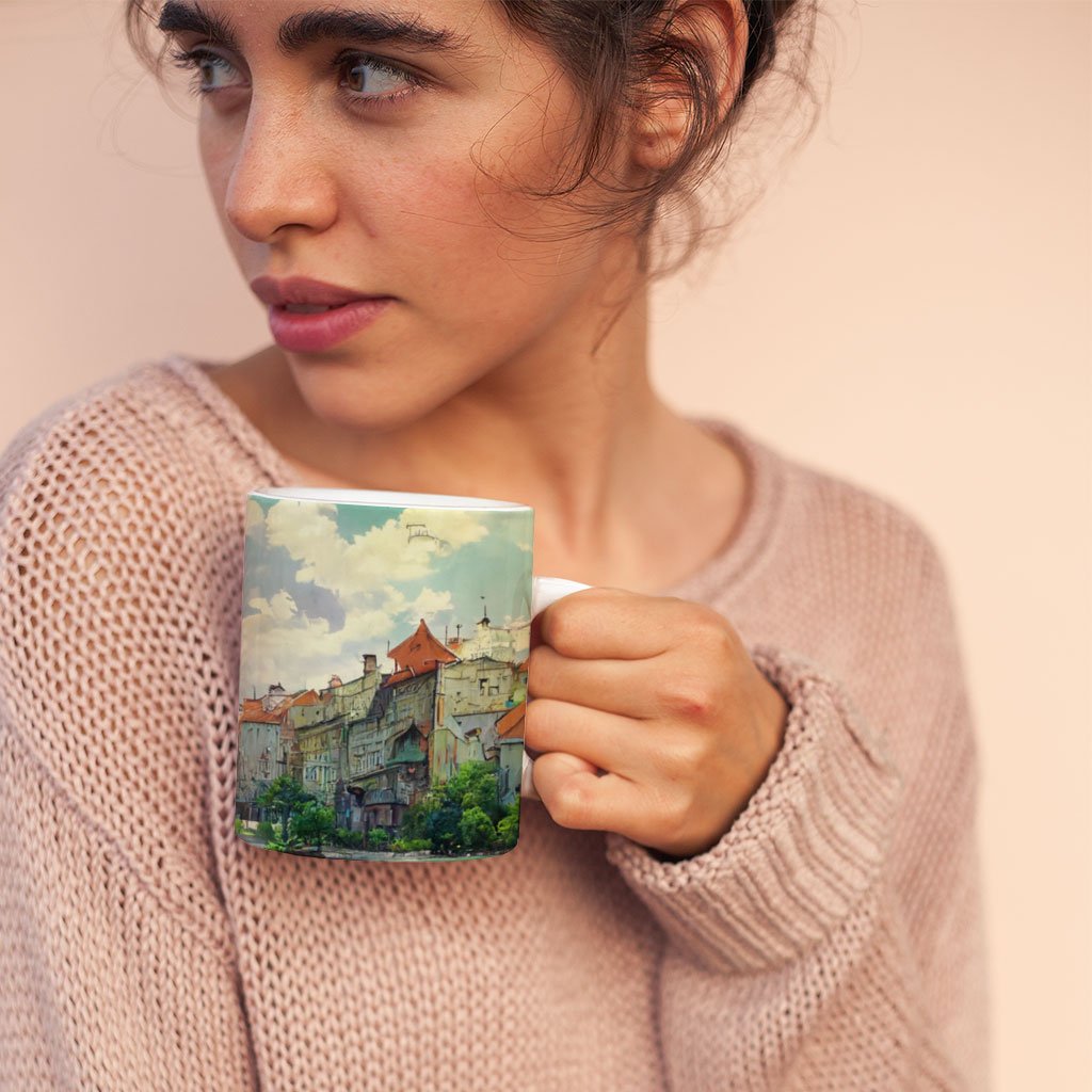 City Landscape Cartoon Art Mug with Heart Handle – Anime Ceramic Mug