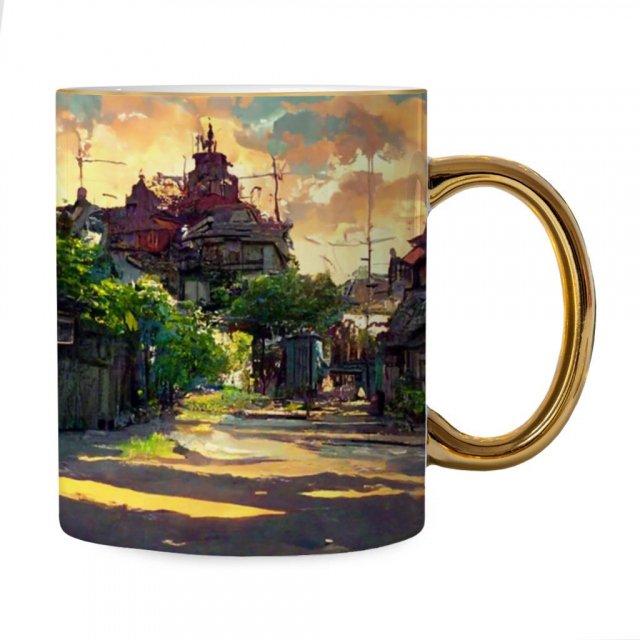 Cartoon City Concept Art Mug – Anime Gold Rim and Handle Mug – Graphic Mug