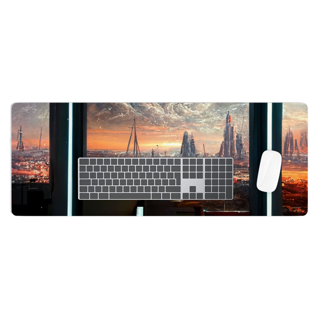 Space Station City Art Desk Mat – Graphic Desk Pad – Futuristic Laptop Desk Mat