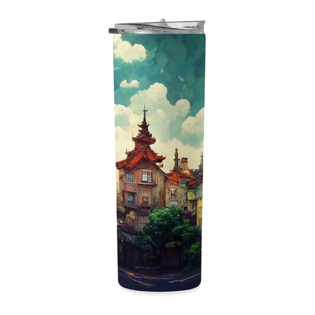 Anime City Art 20oz Skinny Tumbler – Nature Travel Mug | Giant Scarecrow Art Mug