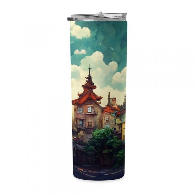 Anime City Art 20oz Skinny Tumbler – Nature Travel Mug | Giant Scarecrow Art Mug