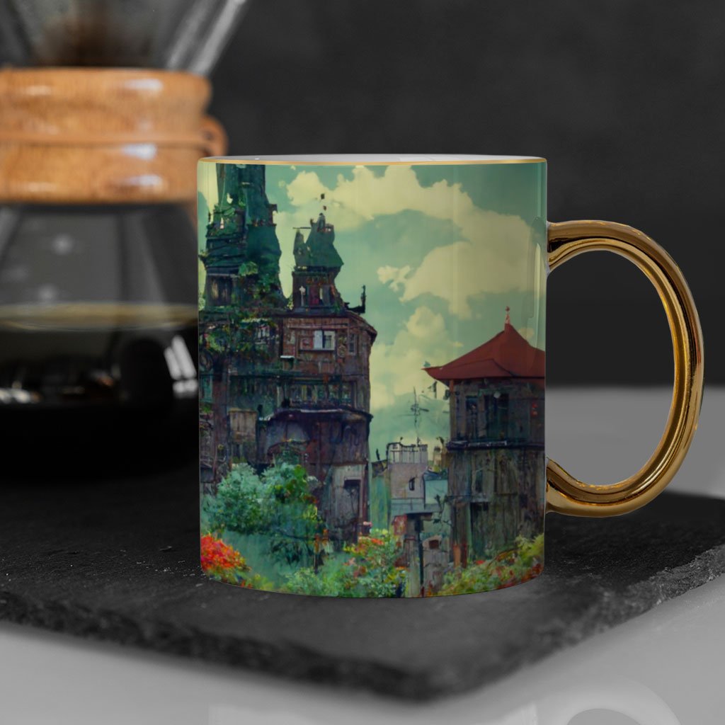 Cartoon City Art Mug – Anime Gold Rim and Handle Mug – Landscape Mug