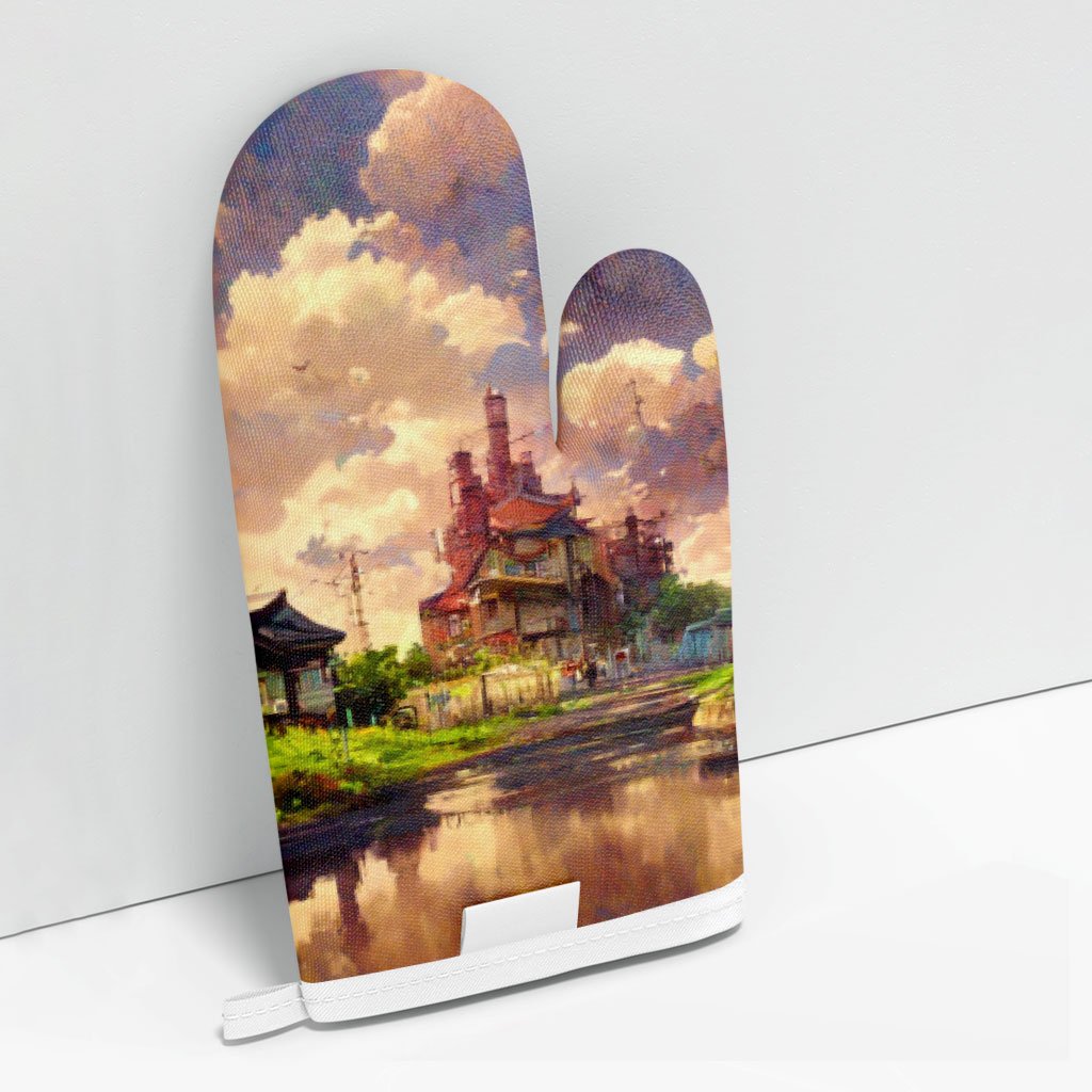 Anime City Skyline Art Oven Mitt – Painting Oven Glove – Graphic Cooking Gloves