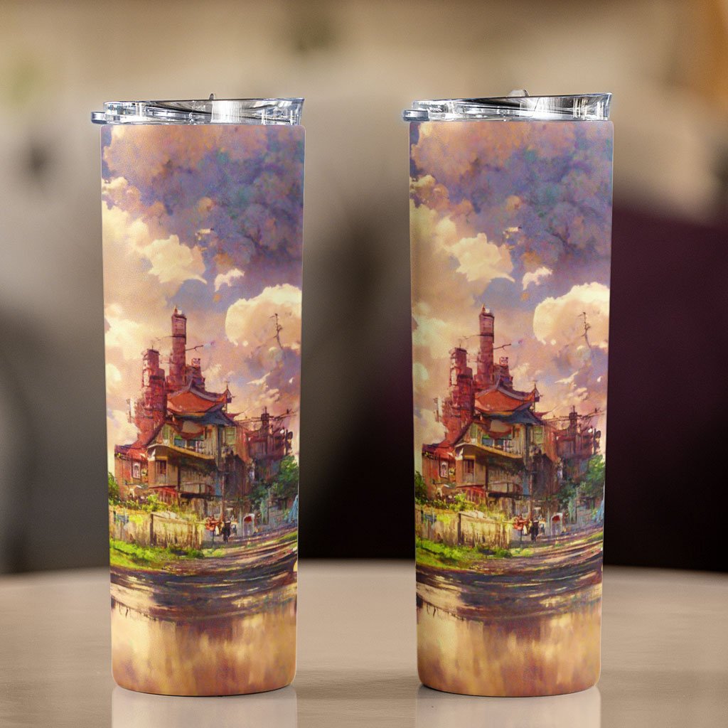 Anime City Skyline Art 20oz Skinny Tumbler – Painting Travel Mug | Nigerian Mug