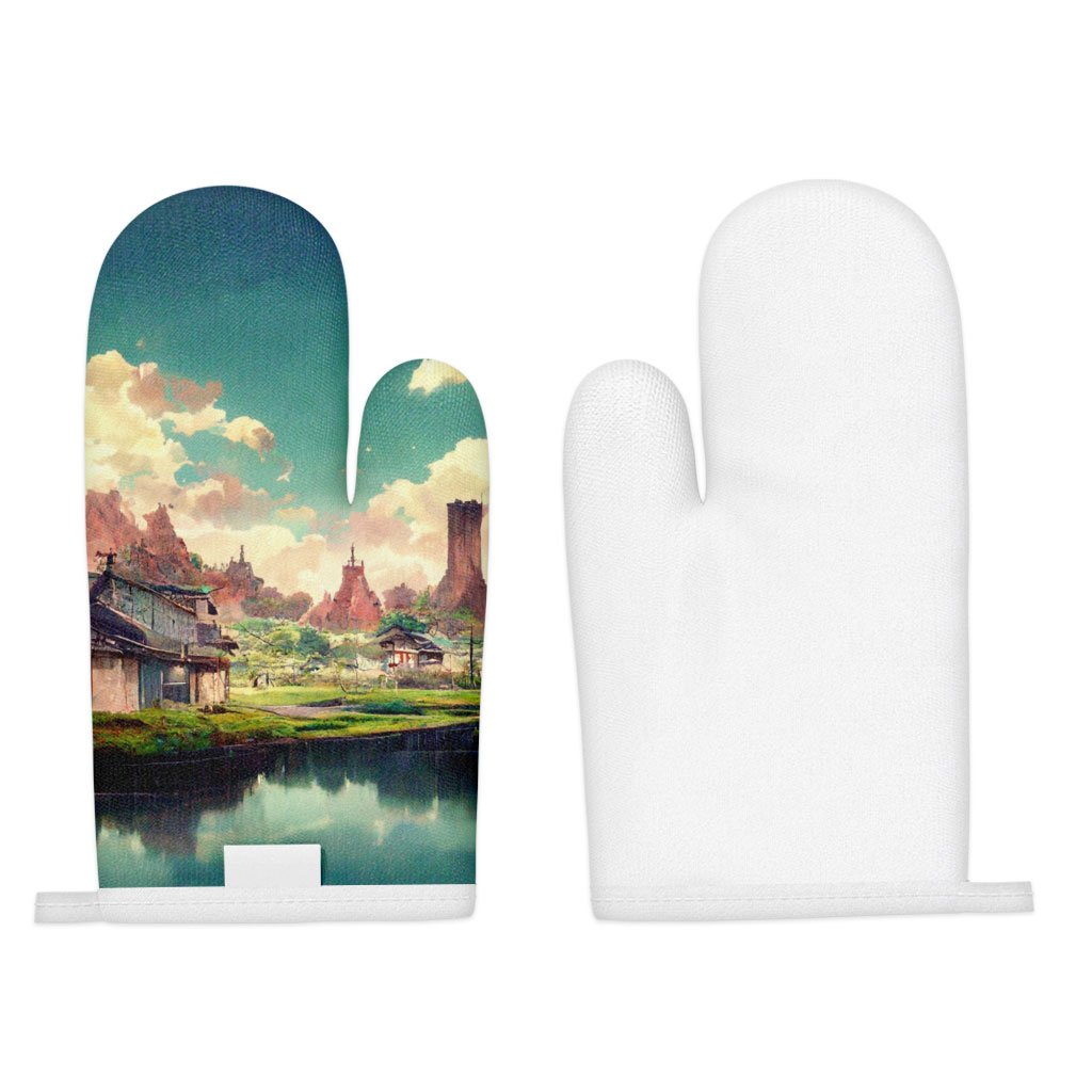 Anime City Concept Art Oven Mitt – Landscape Oven Glove – Nature Cooking Gloves