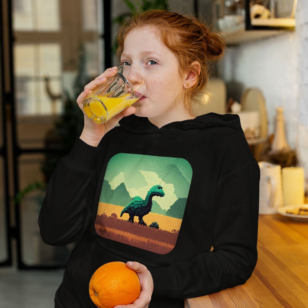 Cute Dino Kids’ Sponge Fleece Hoodie – Pixel Kids’ Hoodie | Shopamericaio