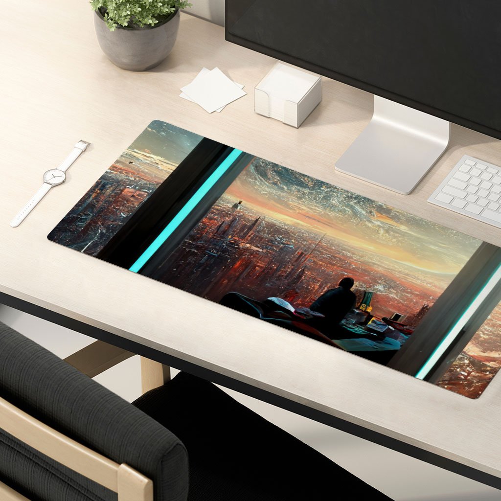 Futuristic City Art Desk Mat – Space City Desk Pad – Cityscape Laptop Desk Mat