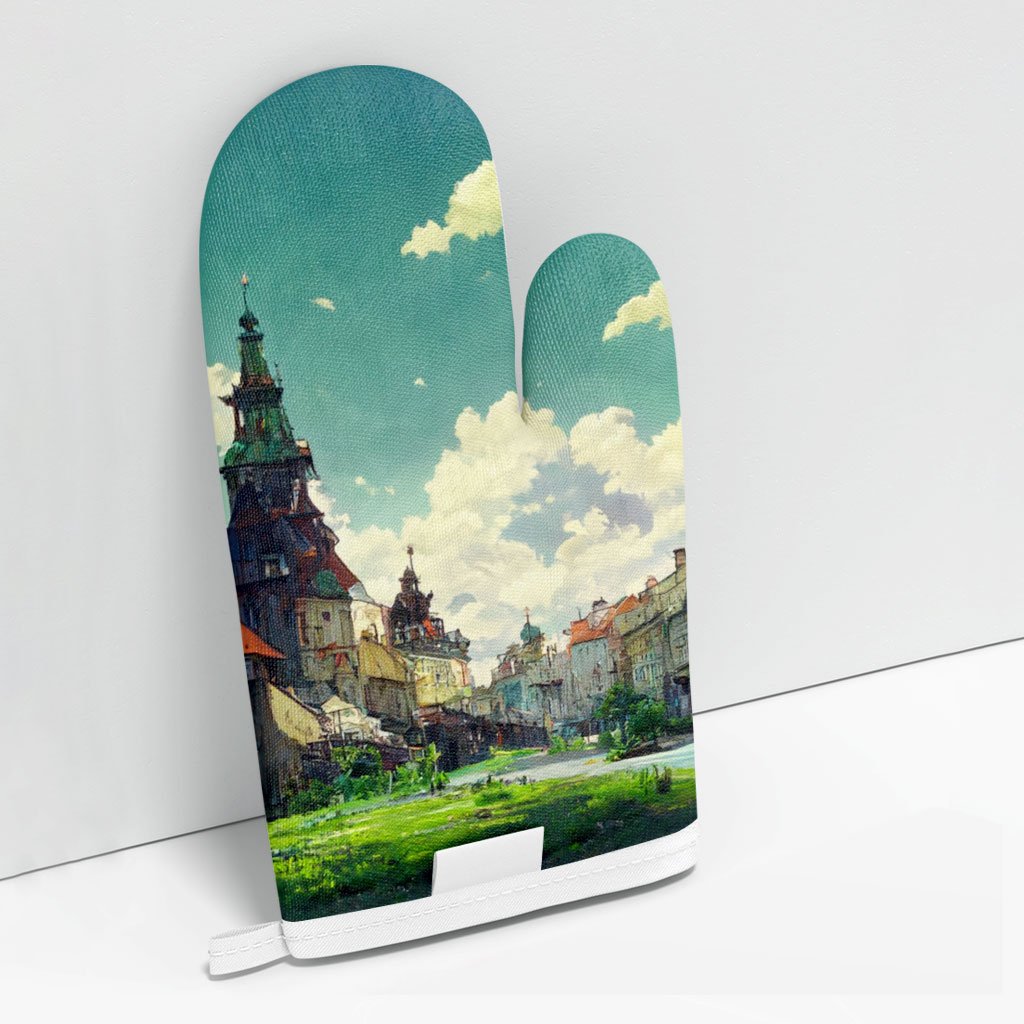 City Landscape Cartoon Art Oven Mitt – Cartoon Oven Glove – Anime Cooking Gloves