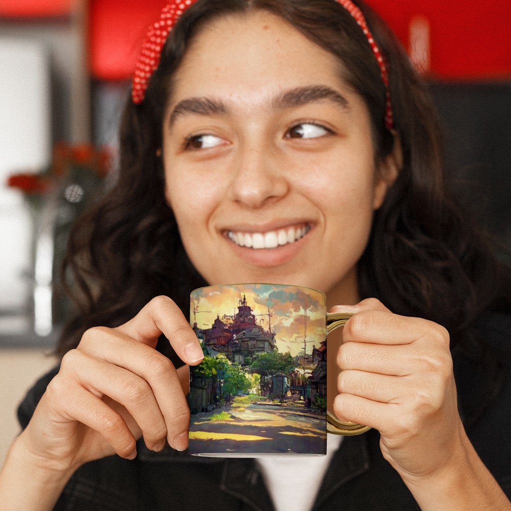 Cartoon City Concept Art Mug – Anime Gold Rim and Handle Mug – Graphic Mug