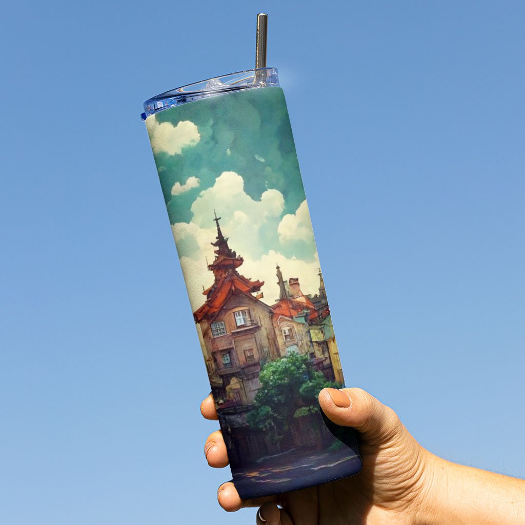 Anime City Art 20oz Skinny Tumbler – Nature Travel Mug | Giant Scarecrow Art Mug