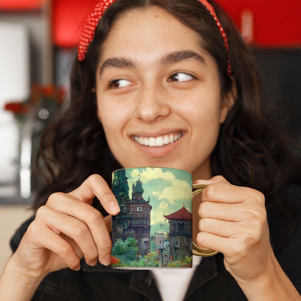 Cartoon City Art Mug – Anime Gold Rim and Handle Mug – Landscape Mug