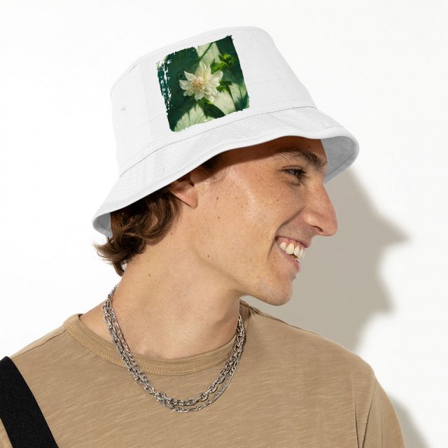 White Dahlia Flower Bucket Hat - Art Hat - Printed Bucket Hat - Image 6