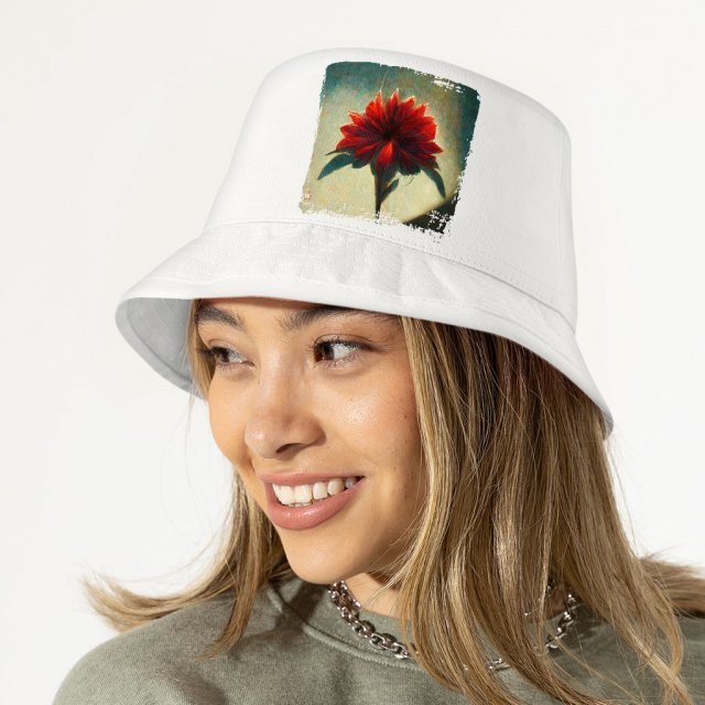 Red Dahlia Flower Bucket Hat - Art Hat - Graphic Bucket Hat - Image 3