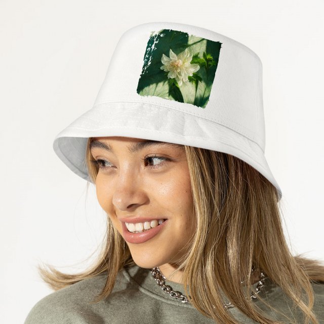 White Dahlia Flower Bucket Hat - Art Hat - Printed Bucket Hat - Image 3