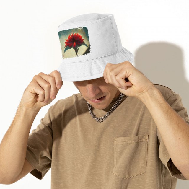 Red Dahlia Flower Bucket Hat - Art Hat - Graphic Bucket Hat - Image 5