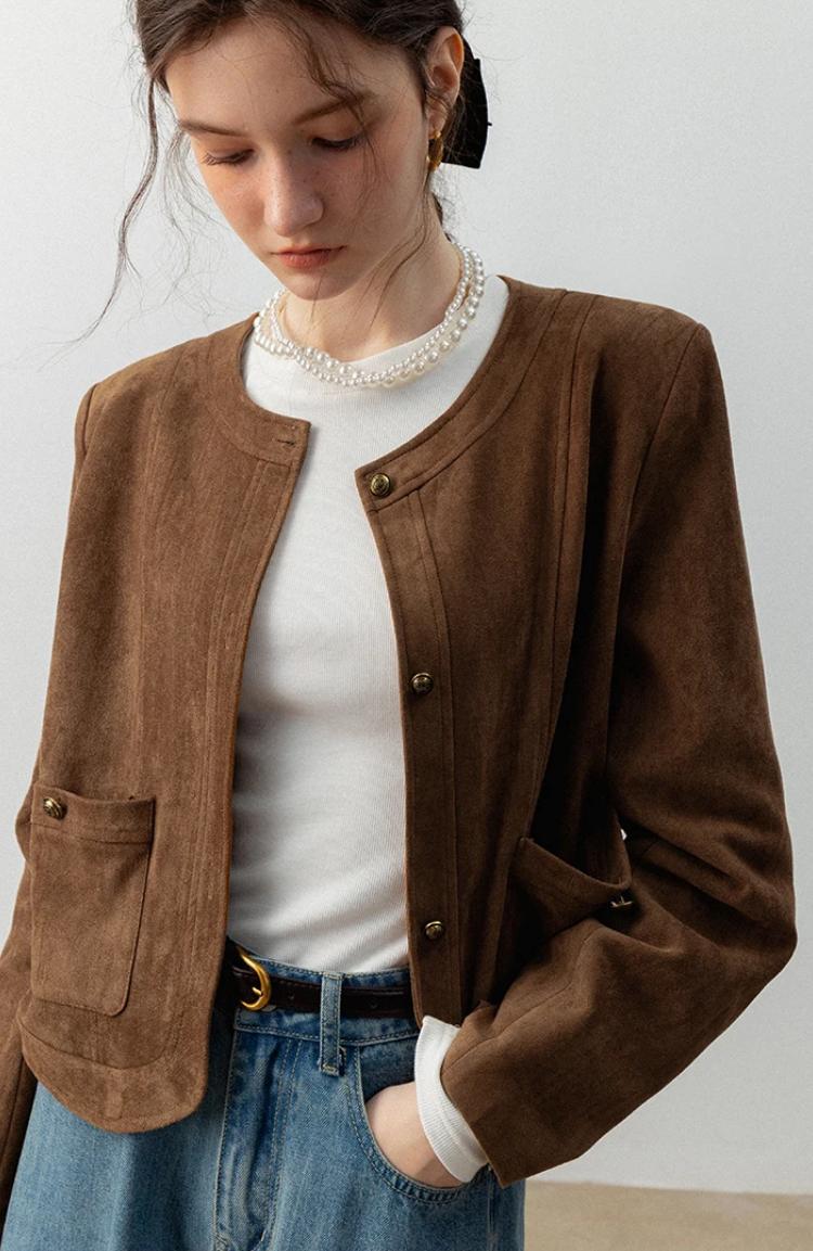 Women's Brown Suede Jacket with Pockets - Image 3