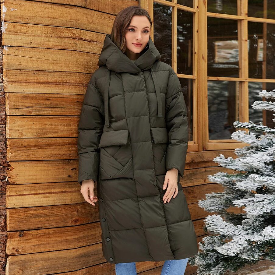 Women's Long Hooded Winter Down Jacket with Belted Design and Zipper Pockets - Image 2