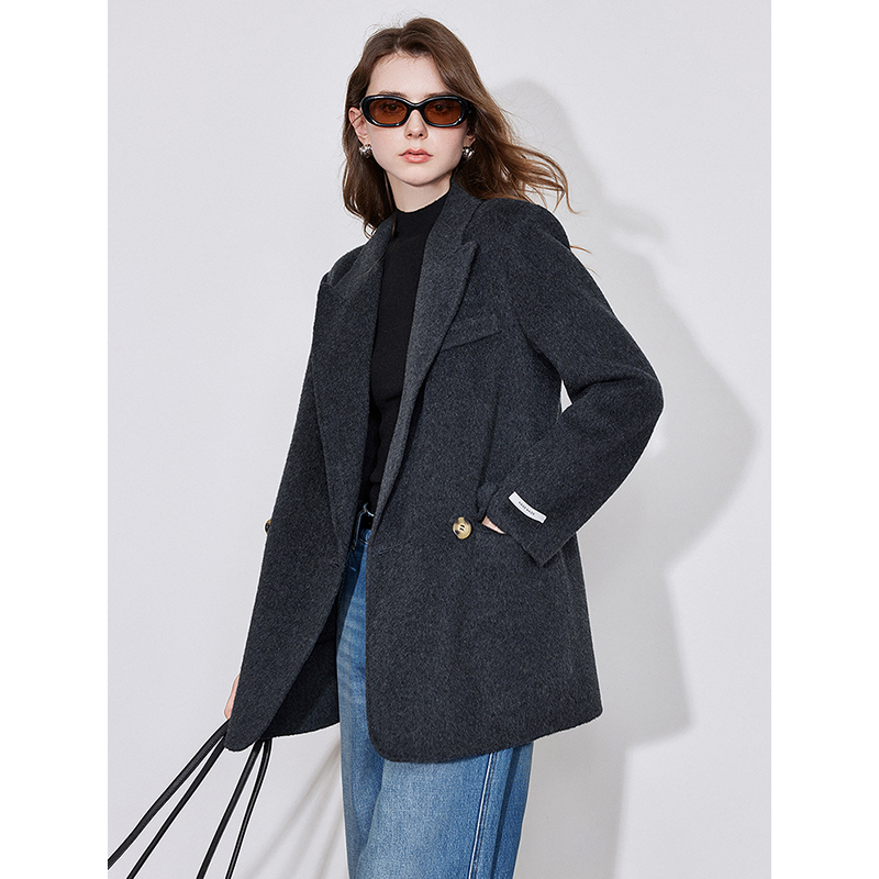 Women’s Double-Sided Woolen Coat - Camel Silk Lapel, Mid-Length Luxury Suit Coat - Image 2