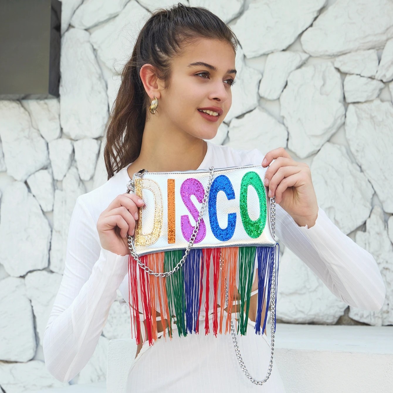 Metallic PU Leather Clutch Bag with Sequined Letters and Fringe